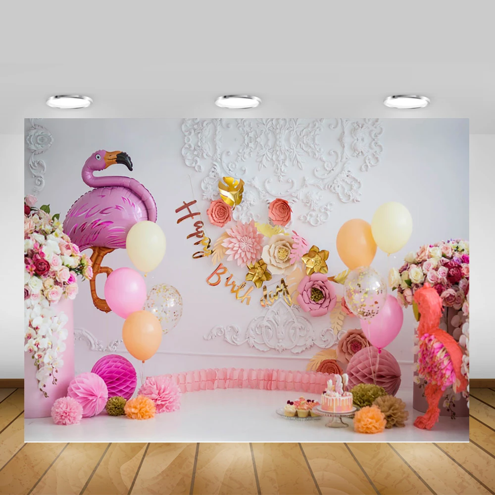 フラミンゴテーマハッピーバースデー背景風船花ベビーキッズ誕生日ケーキテーブル装飾背景写真スタジオ 背景 Aliexpress