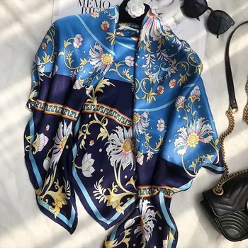 

luxury brand silk scarf big square fashion ladies blue FLORAL scarf bufanda silk satin ponchos and capes sale items summer shawl
