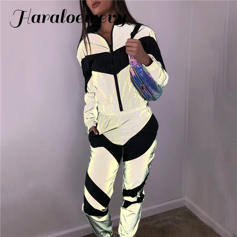 

Tracksuit Women Patchwork Reflective Set Long Sleeve Zipper Streetwear Club Outfits Tracksuit Women Patchwork Reflective