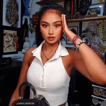 

Solid Nude Women Summer Fashion 2020 Sexy Sleeveless Polo Neck Black White Bodycon Women Top High Street Women Tops Crop Camis