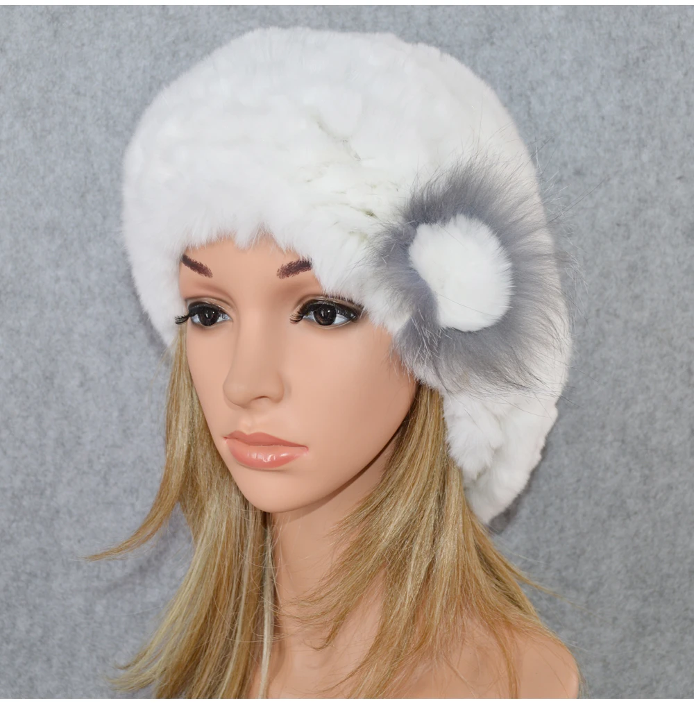 Женская шапка, зимние шапки из натурального кроличьего меха, цветочные однотонные шапки с черепами, шапки ручной вязки, женские зимние шапки для девочек