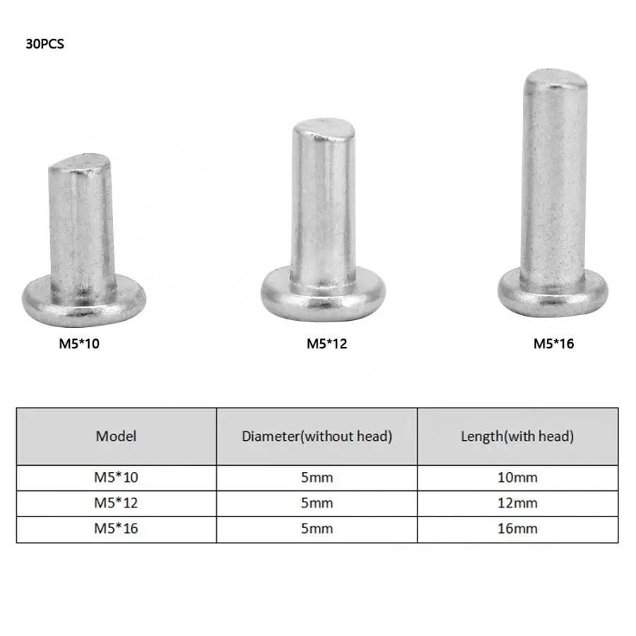 Потайные заклепки 30 шт инструмент Аксессуары M5-10/12/16 Алюминий с плоским носком однотонные заклепочная обжимка однотонные Структура с высокой механической