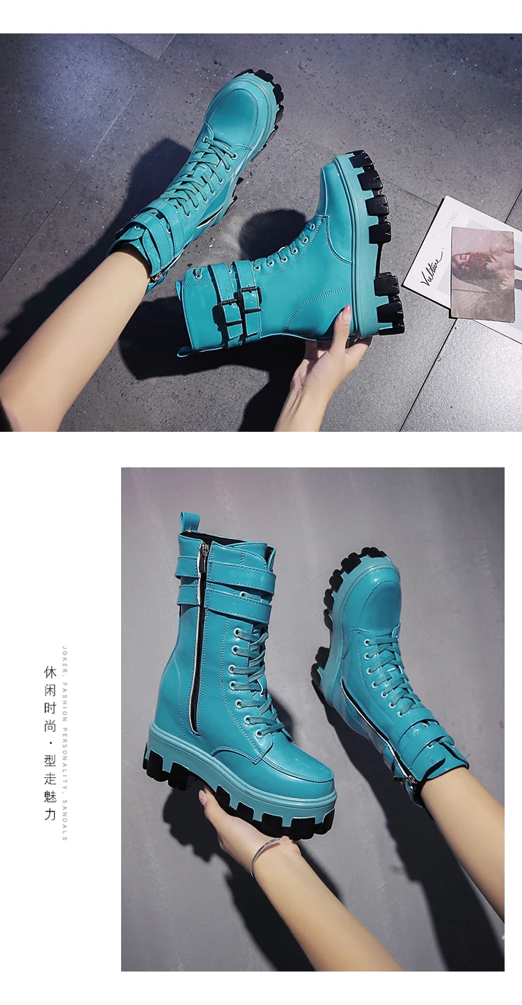 Womens Round Toe Ankel Martin Boots Lace Up Platform Wedeg Hidden 10CM Heel Punk Motorcycle Shoes New 5Colors A1811