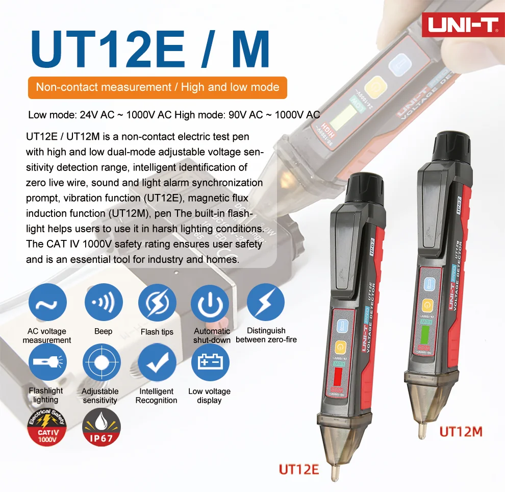 Бесконтактный детектор напряжения переменного тока, смарт-тестовая ручка UT12E UT12M, умный тестовый карандаш, 24 В-1000 В, IP67 карандаш, Электрический тест мощности er