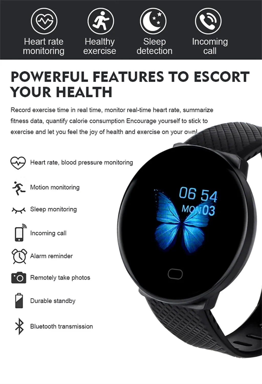 D19 Smart Watch Women Men Smartwatch Quality IP65 Waterproof Blood Pressure Heart Rate FitnessTracker sports Smartwatch  20J24