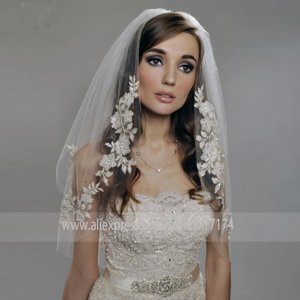 Ivory White 2t Bridal Wedding Veil Tulle with Comb Elbow Cut Edge Tier Satin