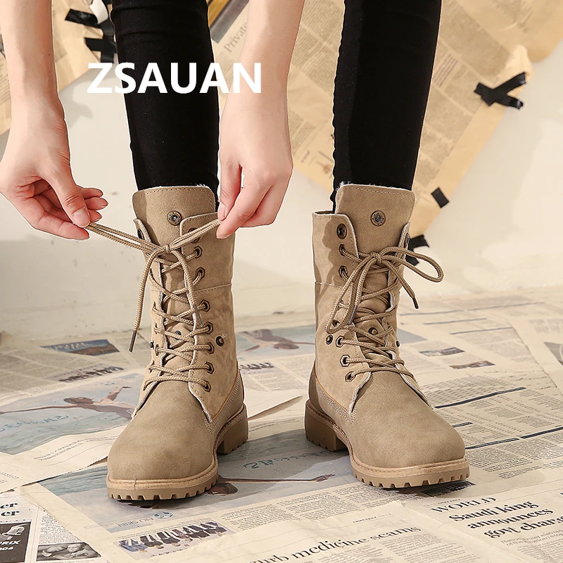 

ZSAUAN Winter Women Snow Boots Fashion PU Leather Round Toe Women's Boots Middle Tube High Top Female Girl Shoes Warm
