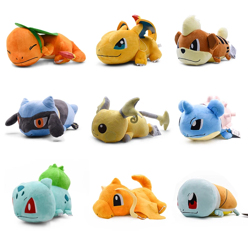 

10 Styles Lying Squirtle Dragonite Bulbasaur Lapras Raichu Charizard Charmander Riolu Plush Toy Soft Stuffed Doll peluche Gift
