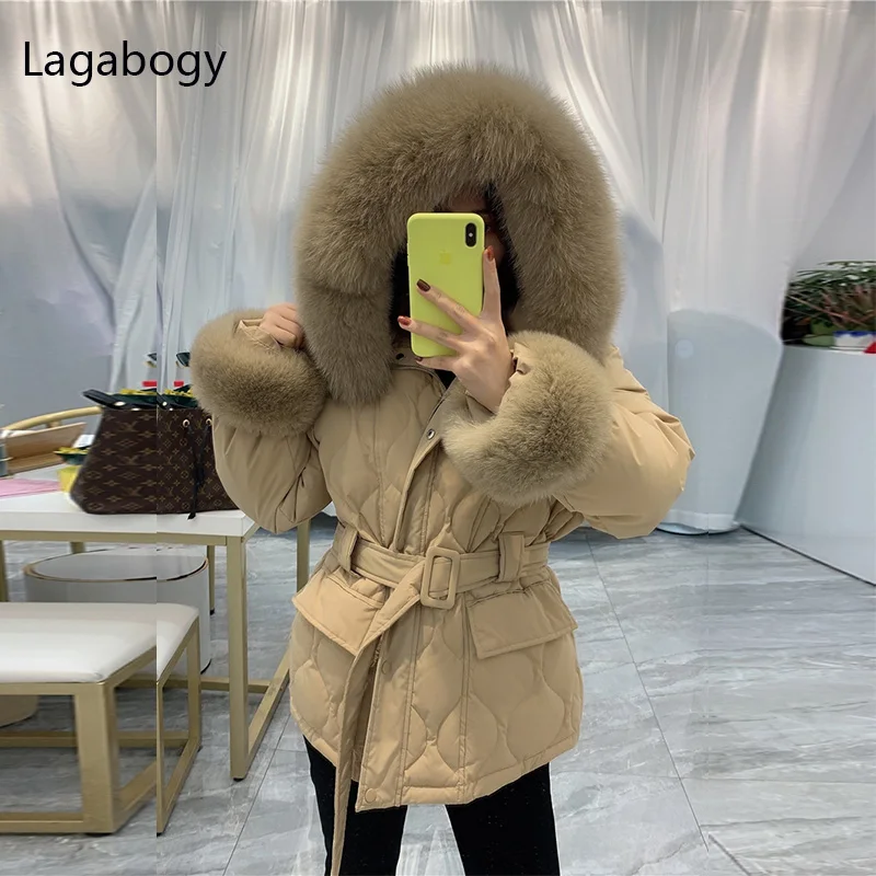 Lagabogy 2023 Winter Women Real Fox Fur 90% White Duck Down Coat Female ...