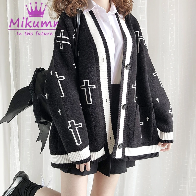 Харадзюку Крест шаблон v-образным вырезом свободный однобортный Кардиган панк готический женский черный длинный рукав вязаный свитер верхняя одежда