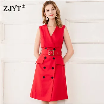 

2020 Runway Fashion Summer Dresses Woman Clothes Elegant V Neck Double Breasted Solid Simple Casual OL Work Vest Dress Vestidos