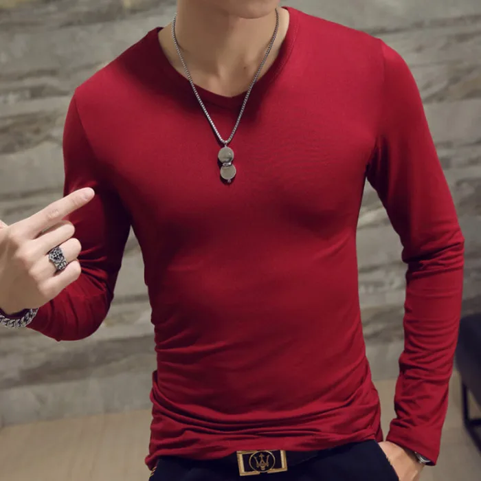 Мужские осенние Футболки с длинным рукавом с v-образным вырезом пуловер Slim Fit повседневные минималистичные мужские топы JS25