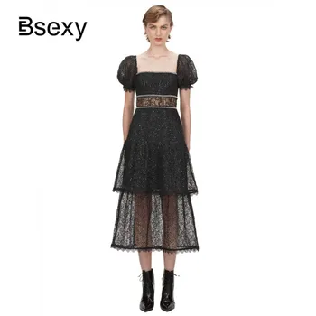 

Sexy Blackless Black Midi Dress 2020 Summer Women Square Collar Short Sleeve Sequin Lace Party Dress vestidos de fiesta de noche