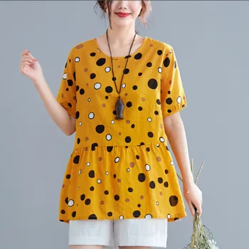

#1948 Polka Dot Printed Short Sleeve T Shirt Femme O Neck Casual Loose T-Shrits Tees Ladies Cotton Linen Women Tops Girl Tshirt