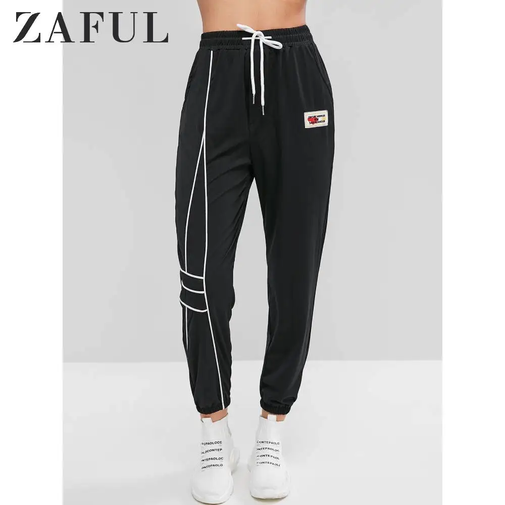 ZAFUL/штаны для бега с карманами и завязками, с надписями, с заплатками, с высокой талией, для активного отдыха, на плоской подошве, Осенние штаны с буквенным узором