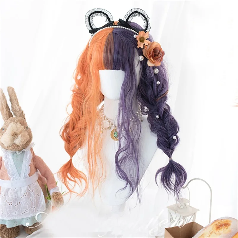 Косплей микс 60 см Лолита Оранжевый Фиолетовый Омбре длинные кудрявые челки милые синтетические волосы и Хэллоуин Дьявол Рога косплей парик