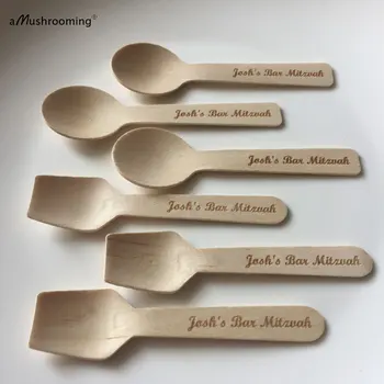 

100pcs Bar Mitzvah Engraved Wooden Mini Spoons for Jewish Passover Event Disposable Dessert Cake Spoons