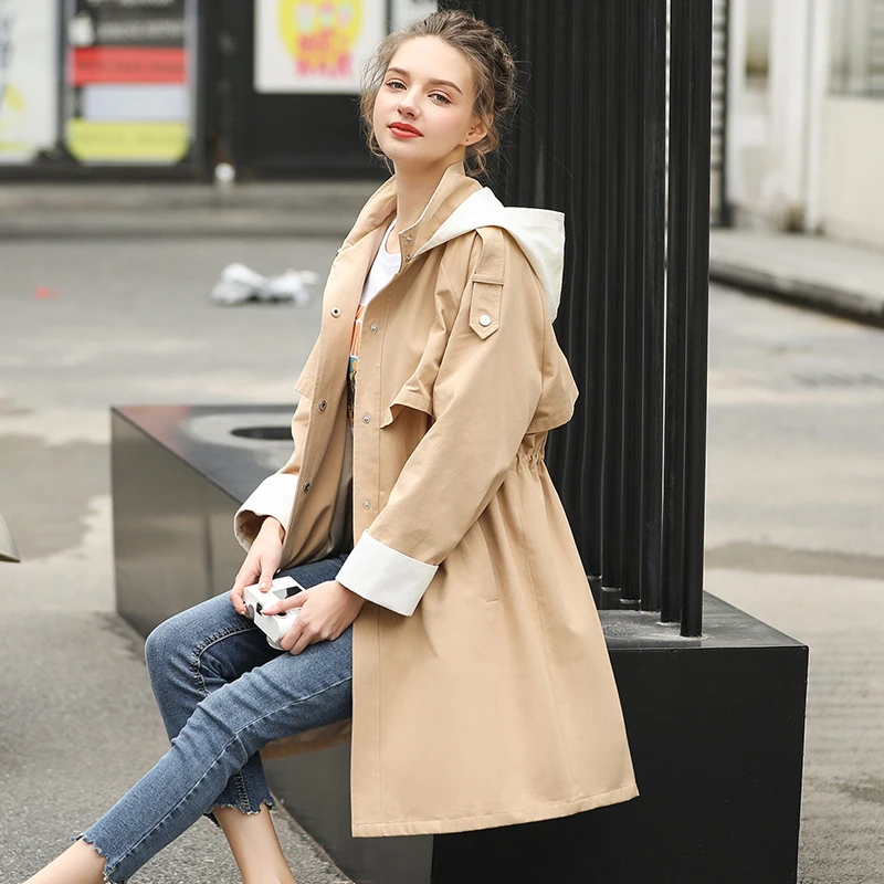 

2019 women trench fashion Lady coats autumn New casual long sleeve slim with a hood Mid-waist Long Windbreaker Coat female