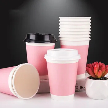

50pcs Pink thicken disposable coffee cup party wedding birthday favor drink paper cup cute takeaway packaging cups with lid