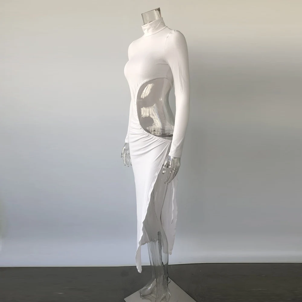 KGFIGU, новинка, женское летнее однотонное белое платье с высоким воротом и длинным рукавом, с разрезом, сексуальное длинное платье бодикон
