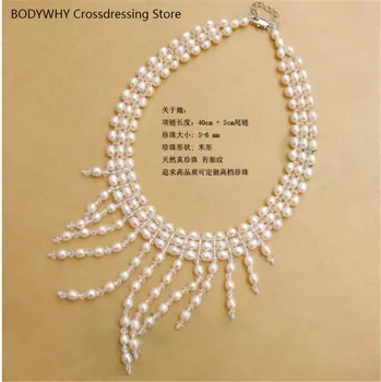 

Wedding Jewelry 5-6mm Rice Freshwater Natural Pearl Necklace Women Multi-layer Crystal Long-flow S925 Pure Buckle Gift