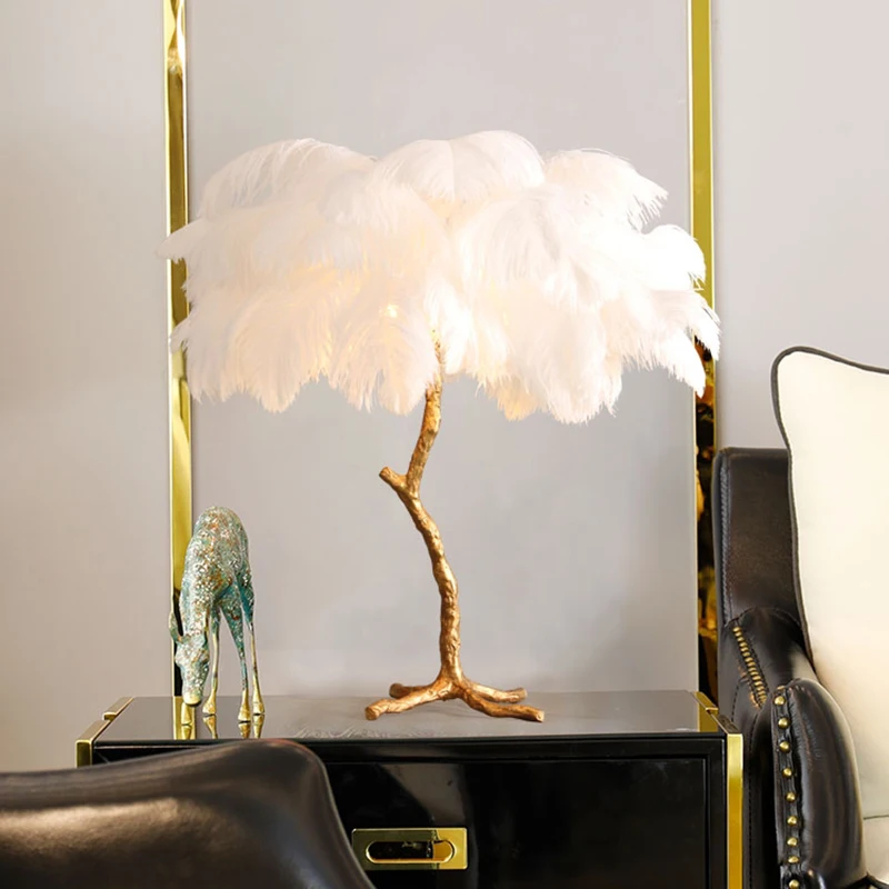 

Ostrich feather desk lamp resin branch duck foot bedside living room lamp lighting warm clothing store personality creativity