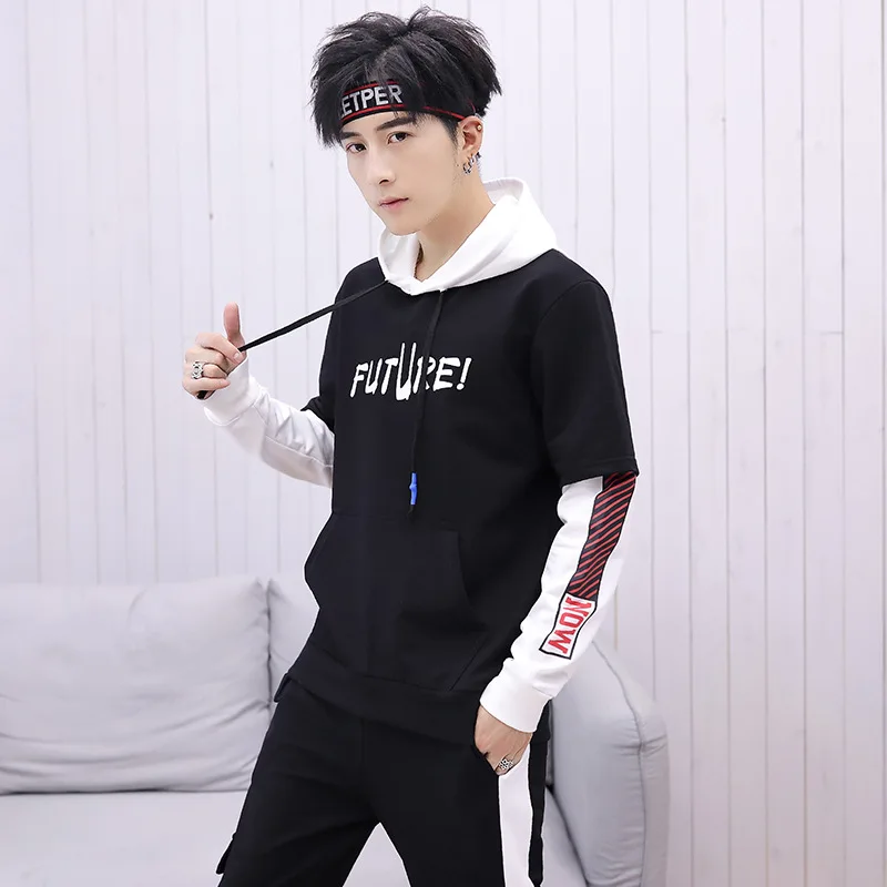 

2019 Men Spring And Autumn Leisure Sports Suit Hooded Pullover Printed Trend Hoodie Long Sleeve Trousers Skinny Dacron