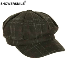 SHOWERSMILE черная шерстяная панельная кепка для женщин, винтажная кепка газетчика, Женская весенне-осенняя клетчатая твидовая Кепка Габби Бейкер для мальчиков