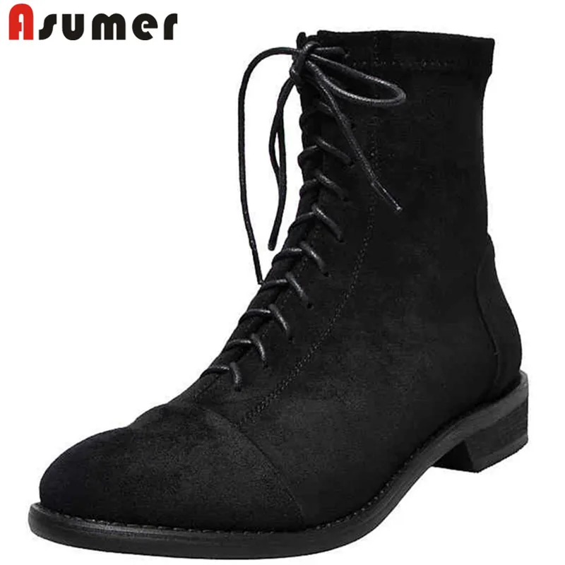 

ASUMER Plus size 34-40 cow suede leather women boots round toe lace up autumn winter boots female dress ankle boots