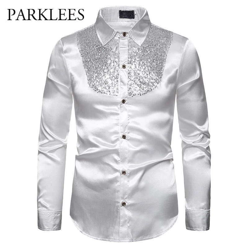 Men's Silk Satin Smooth Shirt Luxury Gold Sequin Tuxedo Shirt Party Stage Performance Wedding Dress Shirts Chemise Homme