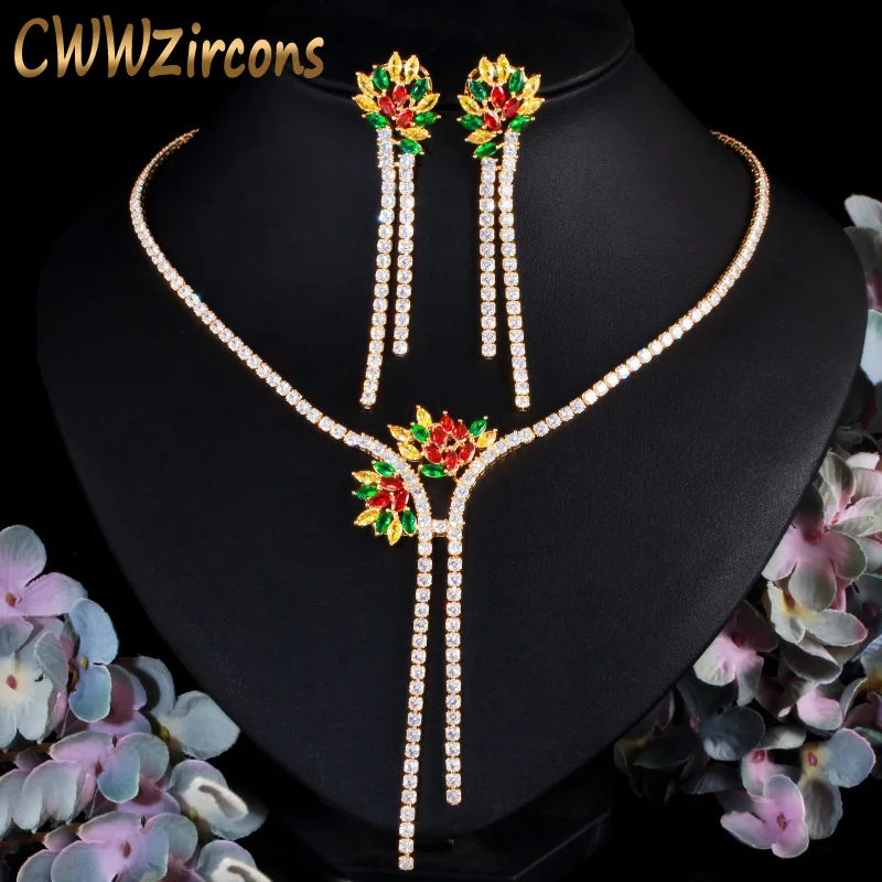 CWWZircons многоцветный Цирконий цветок длинное ожерелье и серьги Свадебные