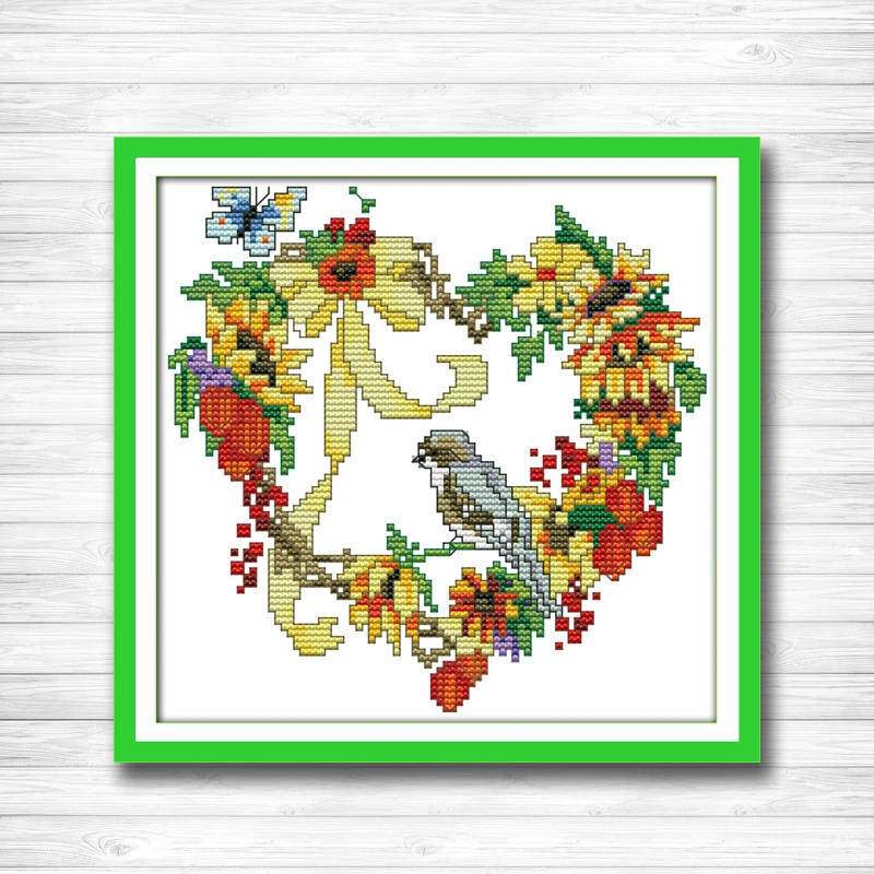 

Heart shaped wreath with the birds flowers Counted Print on fabric DMC 14CT 11CT DIY Cross Stitch Needlework Kit Embroidery Sets