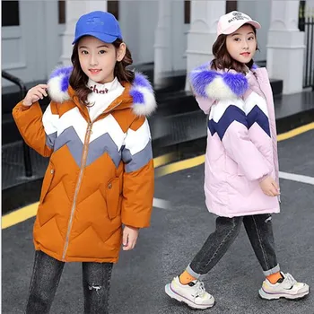 

2019 Winter Baby Girls Thick Warm Cotton Cute Coat Kid School Colorful fur Hooded Keep Warm long section Outwear Girl clothing