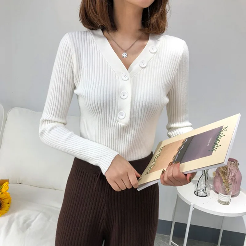 Autumn Knitted Black Sweater Women Casual Pure Bottoming Sweaters Women Button V-Neck Long Sleeve Pullover Autumn Knitted Black Sweater Women Casual Pure Bottoming Sweaters Women Button V-Neck Long Sleeve Pullover
