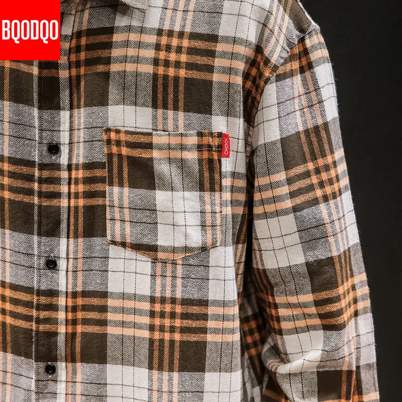 Cotton Velet Fleece Shirt Winter Men Streetwear Hip Hop Long Sleeve Casual Men's Shirts Preppy Style Plaid Oversized Cargo Tops
