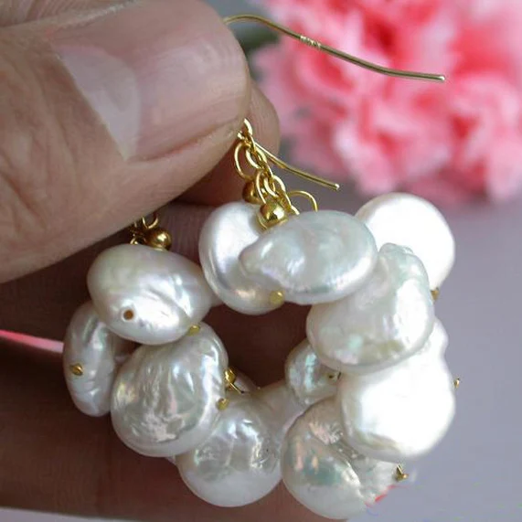 

New Arrival Unique Pearl Jewelry 12mm White Color Coin Freshwater Pearl Grape Dangle Earrings 14k Gold Hook Wholesale