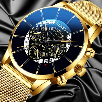 Reloj analógico de cuarzo con correa de malla de acero inoxidable para hombre, cronógrafo de lujo, a la moda, con calendario, color azul