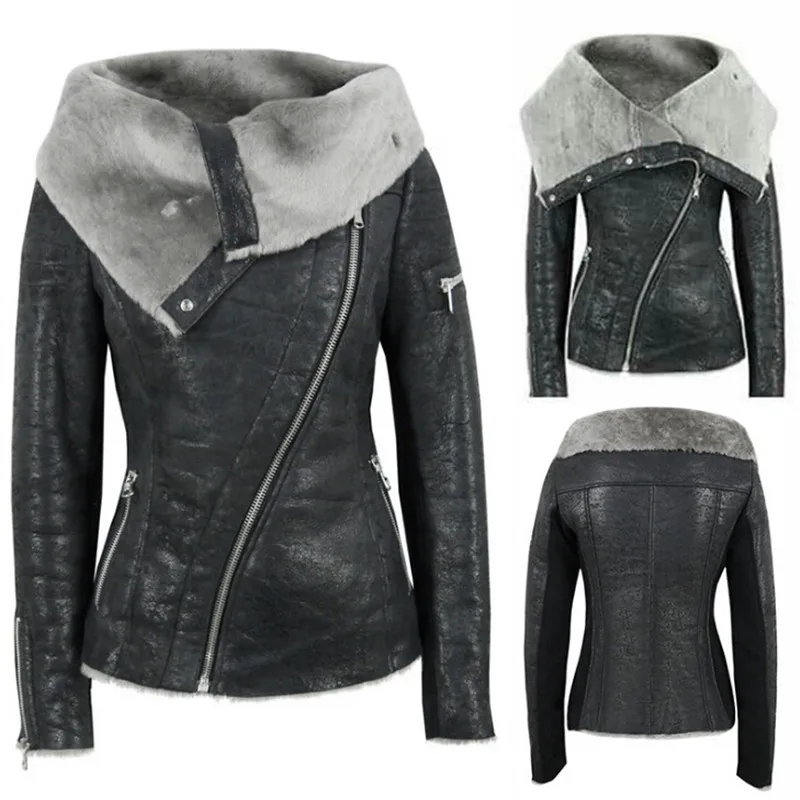 

Black PU Faux Leather Jacket Women Lamb Fur Collar Jacket Coat Motorcycle Female Winter Warm Thick Outerwear For Lady Plus Size