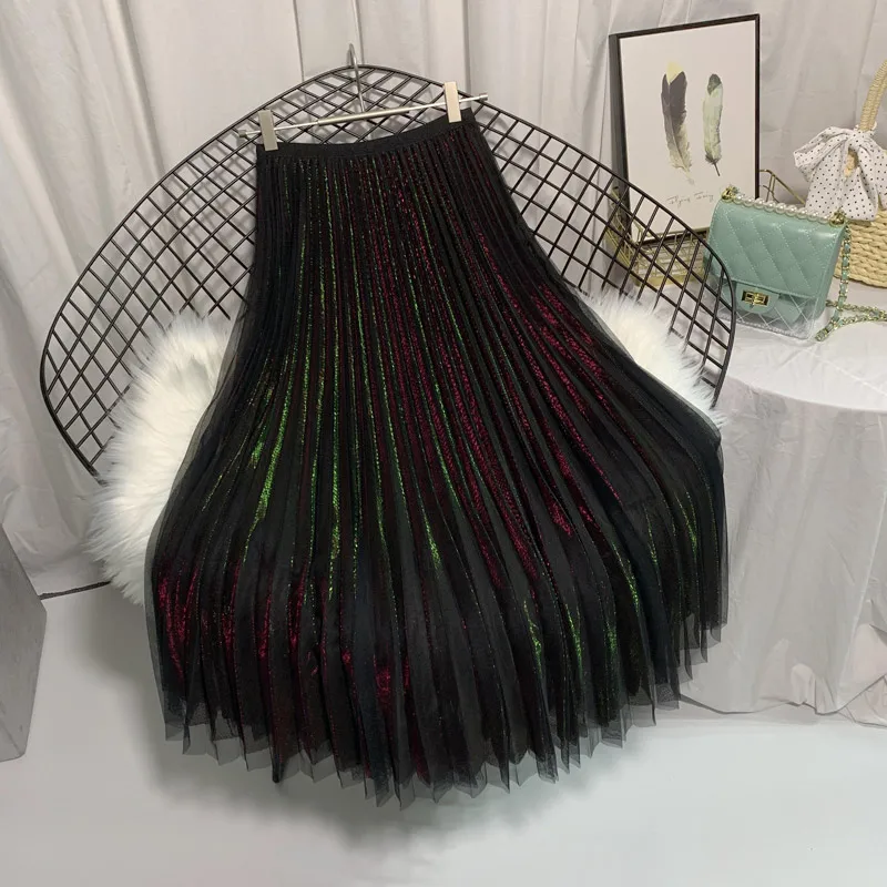 

Spring and Summer Casual Pleated Skirt Women High Waist Mesh and Voile Long Tulle Skirts