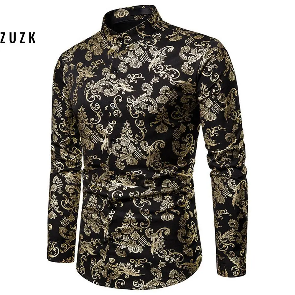Gold Print Men Shirts Fashion Elegant Long Sleeve Shirt Gold Stamping Printing Stand Collar Dress Shirts Mens  Camisa Masculina