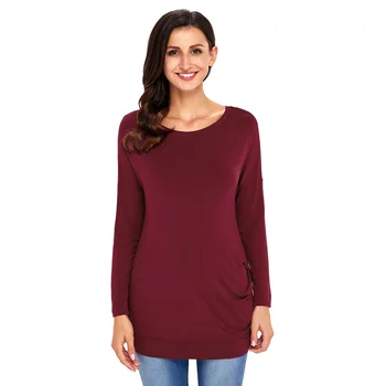 

Madam clothing OWLPRINCESS Autumn New Style Crew Neck Long Sleeve Side Edge Button Solid Color Casual Straight-Cut Tops T-shirt