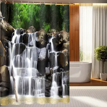 

3D Waterfall Landscape Bathroom Decor Polyester Fabric Shower Curtain with 12 Hooks