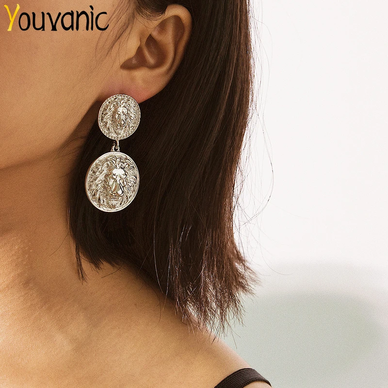 

Youvanic Personality Lion Coin Dangle Drop Earrings Female Vintage Statement Brincos Round Earing For Women Fashion Jewelry 1363
