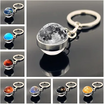 

Planetary keychain with solar system, galaxy keychain, nebula, space, moon, earth, sun art image, double-sided crystal ball keyc