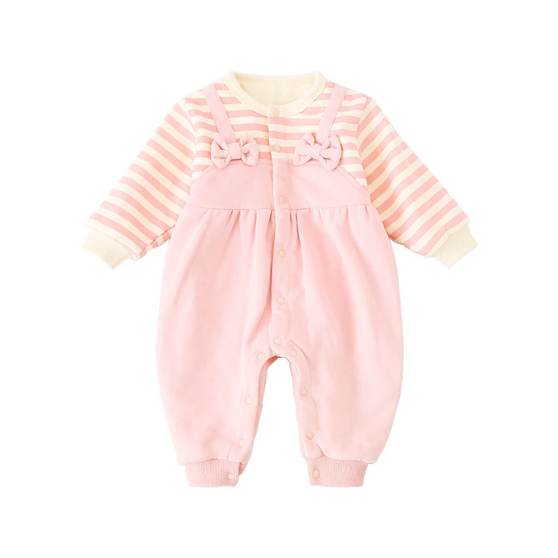 Одежда для новорожденных; комбинезон bebe в полоску; сезон осень-зима; комбинезоны с мягкой подкладкой; бархатная одежда с бантом на бретельках для младенцев