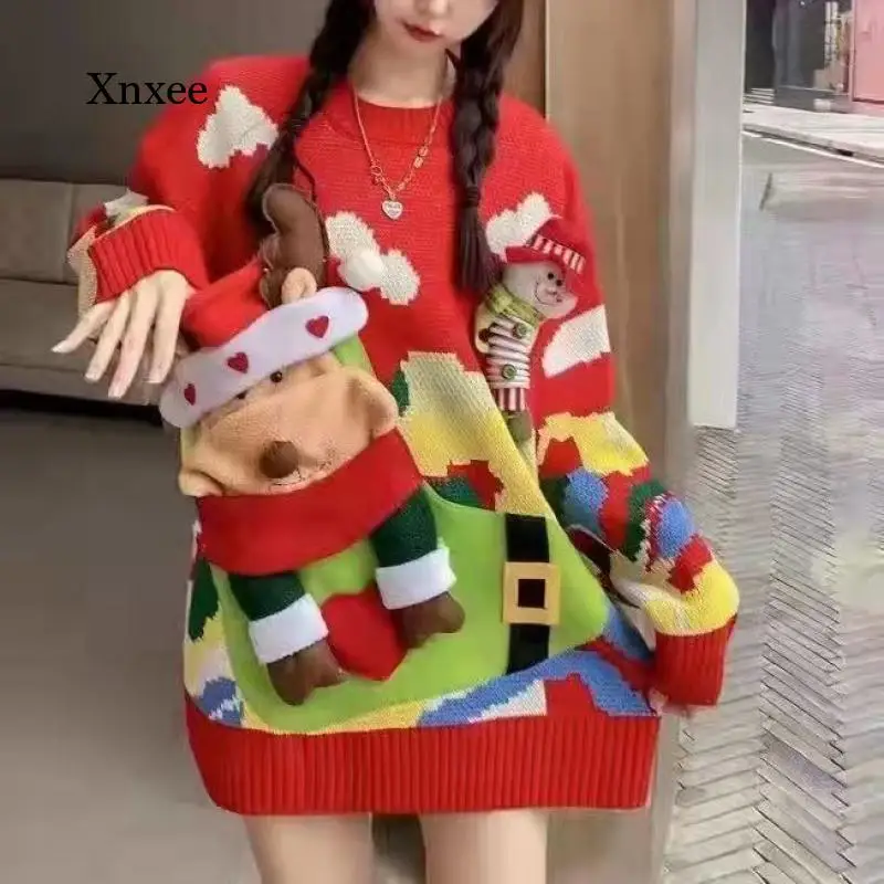 

Women Christmas Sweaters Winter Autumn Clothing 3D Thicken Long Sleeve Pullovers Elk Doll Loose Plaid Cartoon Toy Tops