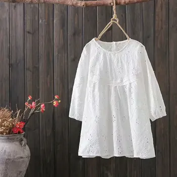 

KYQIAO korean clothes shirt women autumn Japanese style bohemian o neck three quarter sleeve white solid embroidery blouse