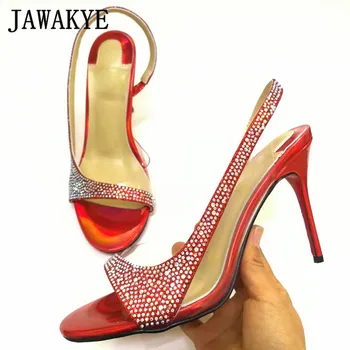 

New PVC Rhinestone Gladiator Sandals Women red Thin High Heels wedding Shoes Women Pumps 2020 Summer sandals zapatos de mujer