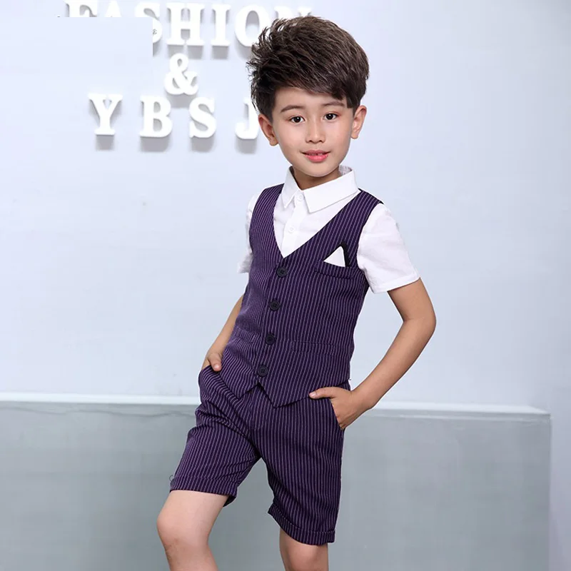 

2019 Fashion Striped 3Pcs Vest+Pant+Shirts Summer Formal Vest Top Gentle Boys Suits Wedding Cotton/Linen Kids Vest Short Set