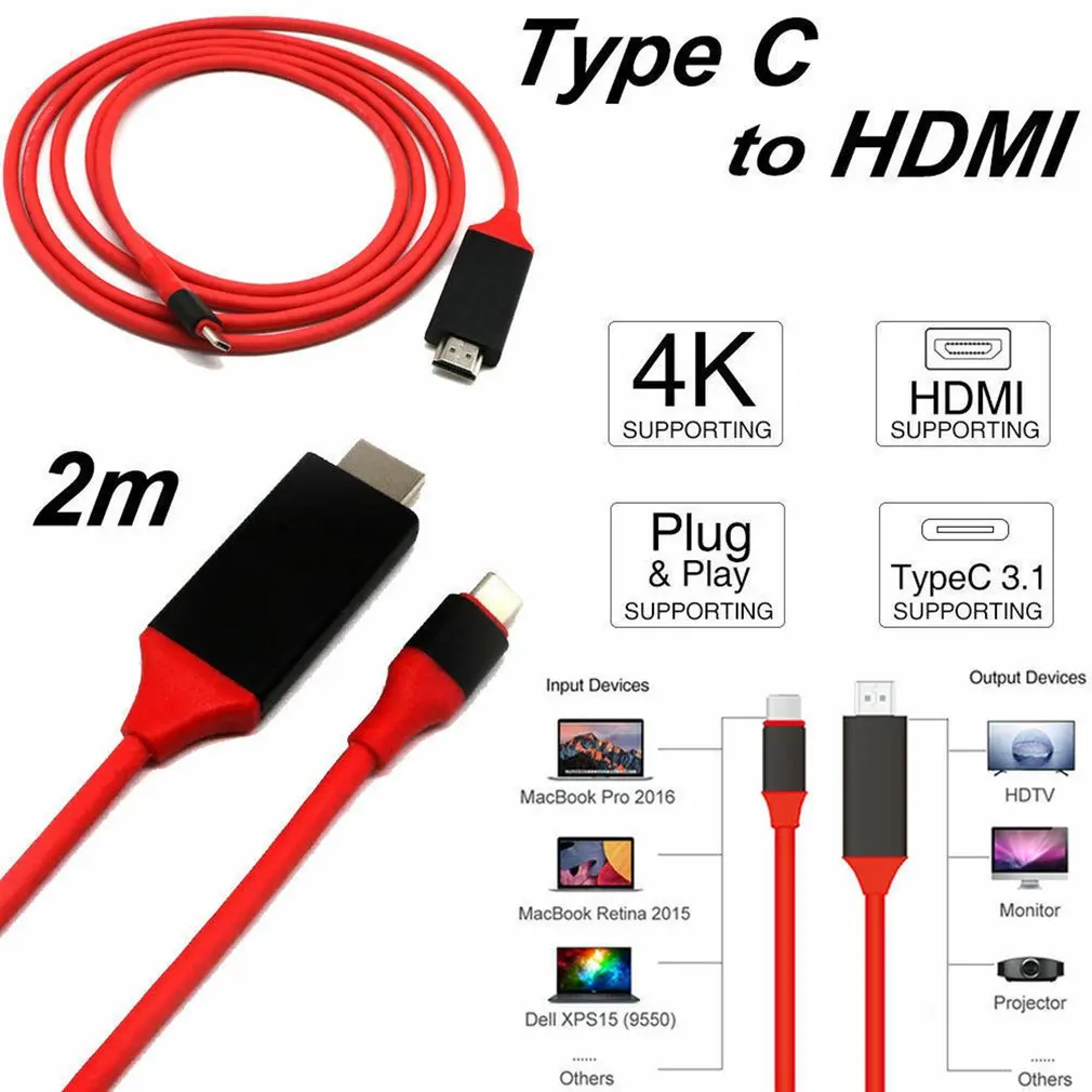 Тип C к Hdmi HDTV AV ТВ кабель адаптер для Sony Xperia XZ Premium G8142 для Dell Xps13 Htc Plug And Play 2M